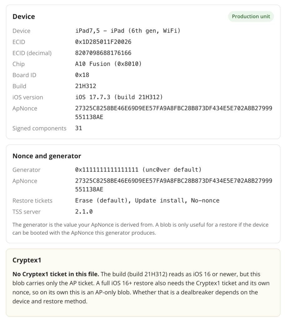 Expected result from my iOS SHSH2 Blob Checker Online